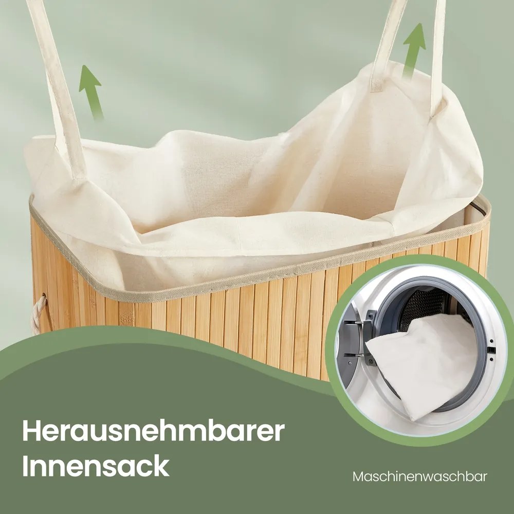 Cesto de roupa suja com 2 compartimentos, 100 L com tampa, em bambu 52 x 32 x 61 cm cor natural