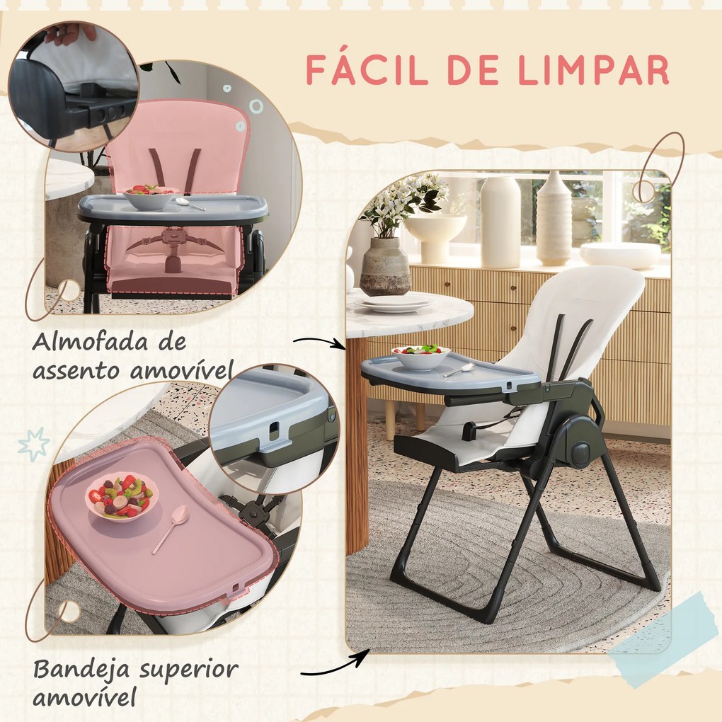 Cadeira de Refeição para Bebé Ajustável e Dobrável com Encosto Reclinável e Cinto de Segurança 70x53x107 cm Preto e Branco