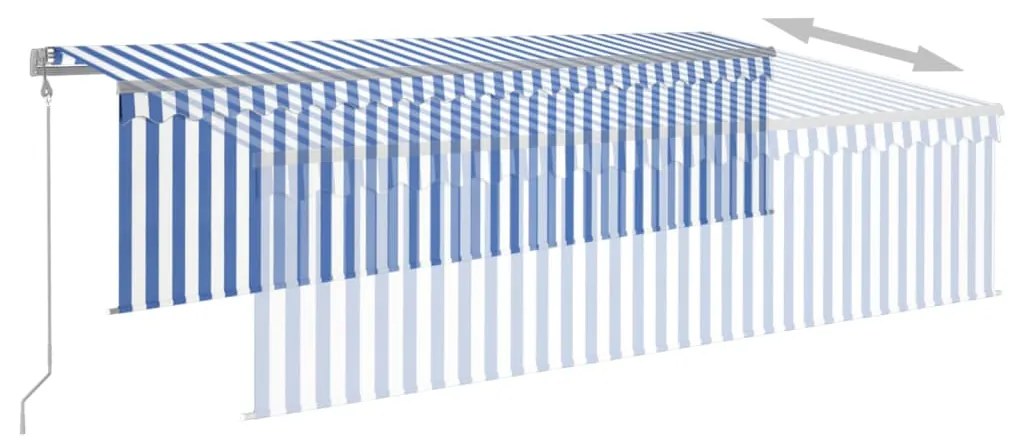 Toldo autom. c/ estore/LED/sensor de vento 5x3 m azul/branco