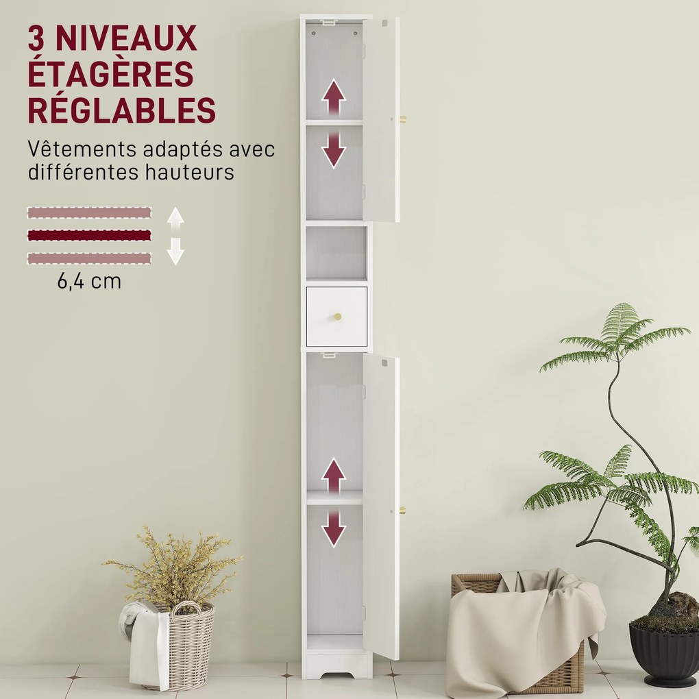 Armário de coluna para casa de banho 20 x 20 x 185 cm, móvel de arrumação, 2 portas, gaveta, compartimento aberto, prateleira ajustável, branco
