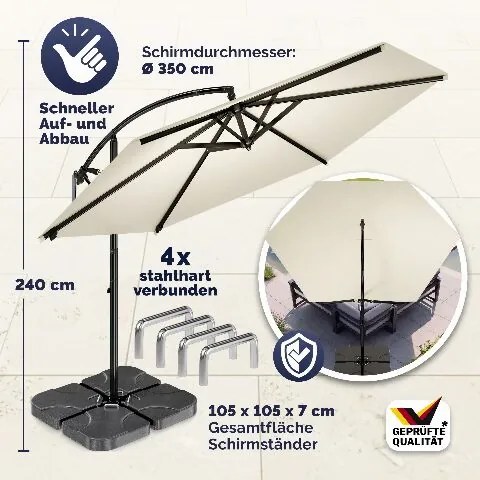 Conjunto completo de guarda-sol de 350 cm, incluindo 4 pesos e capa de proteção creme