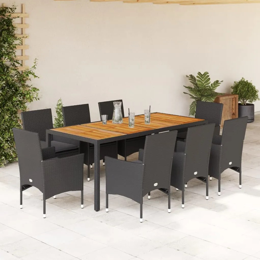 vidaXL 9 pcs conjunto jantar jardim c/ almofadões vime PE/acácia preto