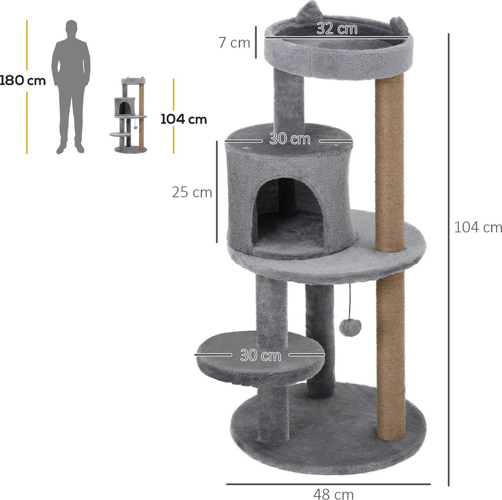 Arranhador para gatos Ø 48 x 104 A cm com vários acessórios: arranhadores, plataformas, compartimentos abertos e bola suspensa cinzento