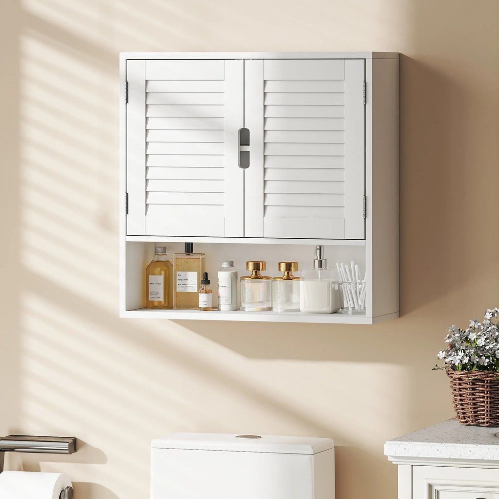 Armário de Parede de Casa de Banho com Porta de Ripas, 60 x 20 x 60 cm, Prateleira Ajustável, Branco