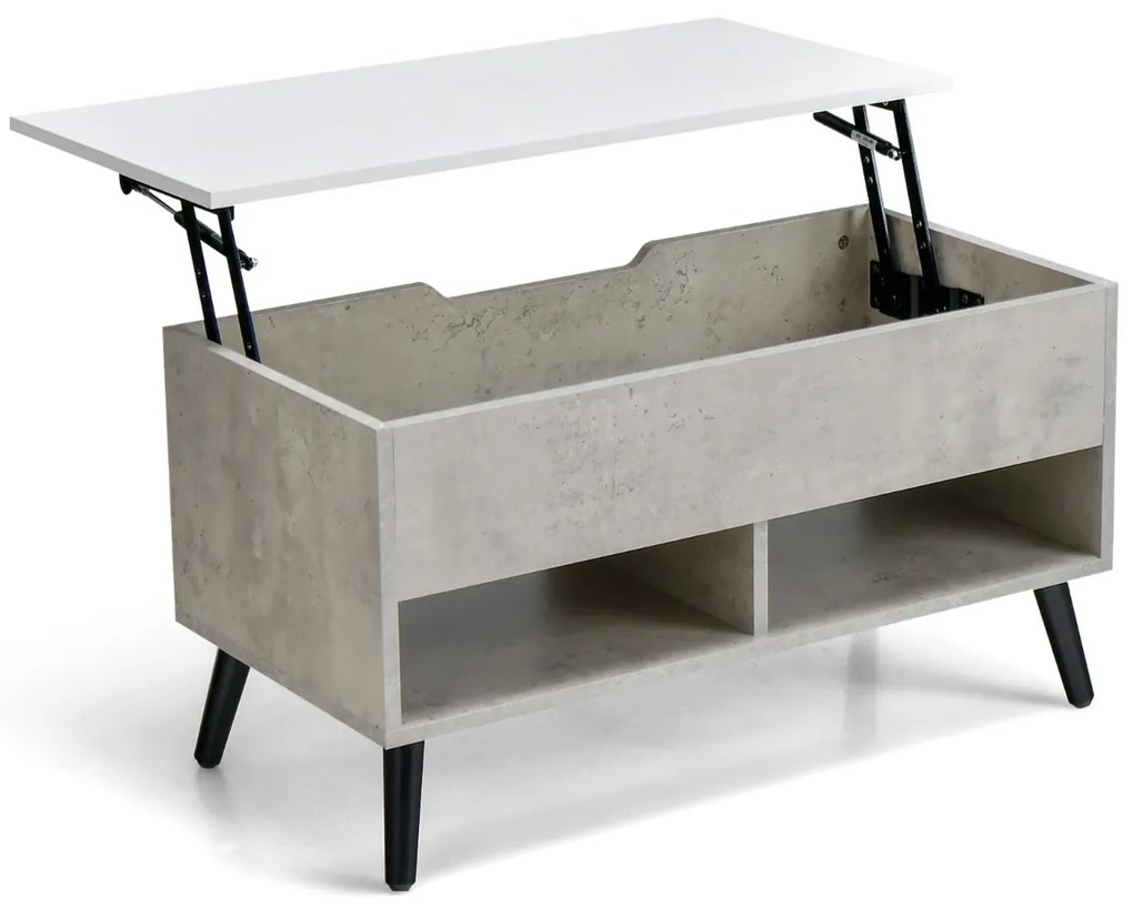 Mesa de centro com tampo elevável 80 x 40 x 46 cm, compartimento oculto e 2 prateleiras para sala de estar Cinzenta