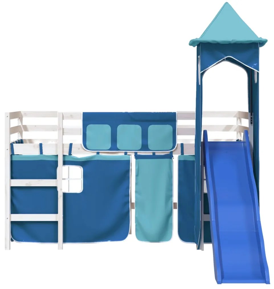Cama alta para criança com torre 80x200 cm pinho maciço azul