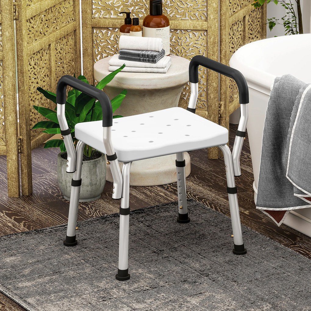 Banco de duche para idosos e pessoas com deficiência 52 (L) x 45 (P) x 57-69 (A) cm, com apoios de braços, altura ajustável, patins antiderrapantes, b