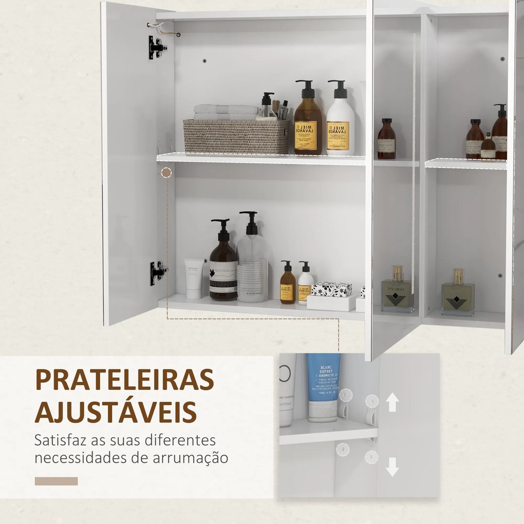 Armário Casa de Banho com Espelho e Luz LED com 3 Portas Prateleiras Ajustáveis e Interruptor Tátil 90x15x70 cm Branco Brilhante