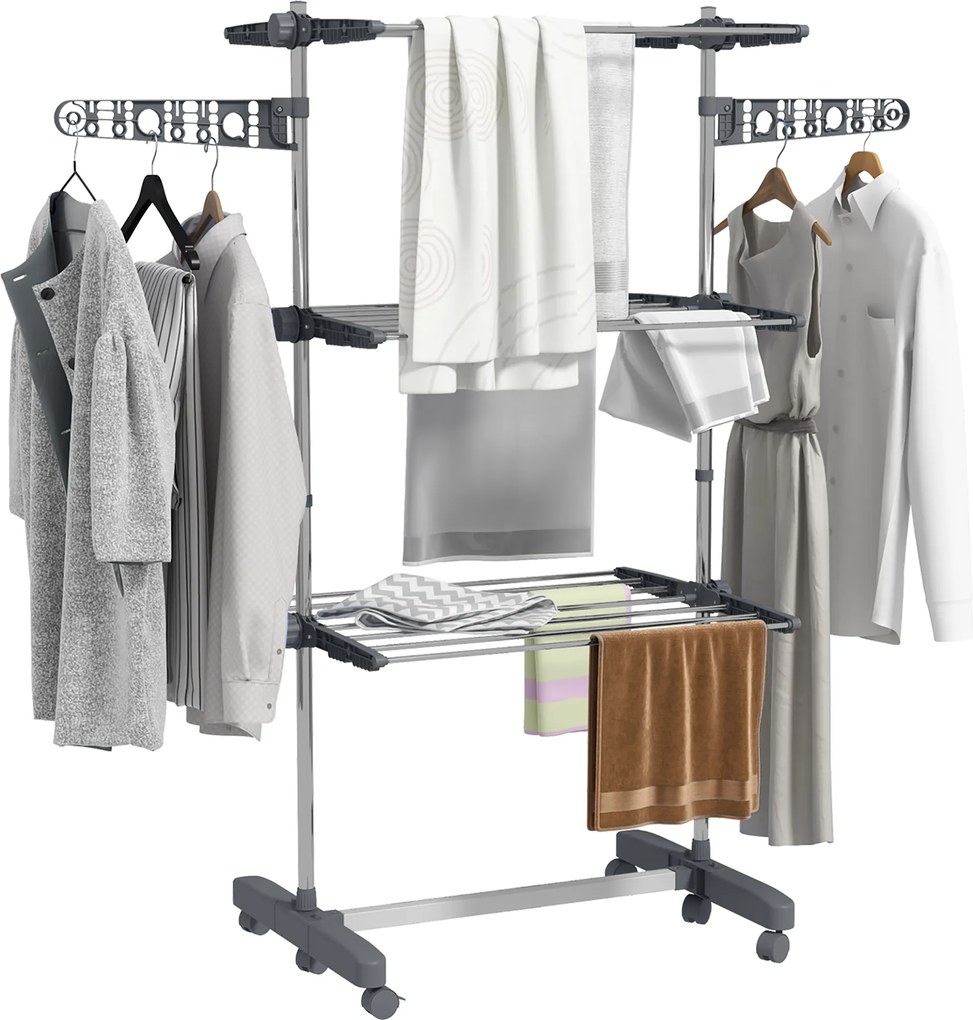 Estendal de roupa dobrável com abas laterais, para uso interior e exterior, 3 níveis, 142 x 55 x 152 cm, cinzento