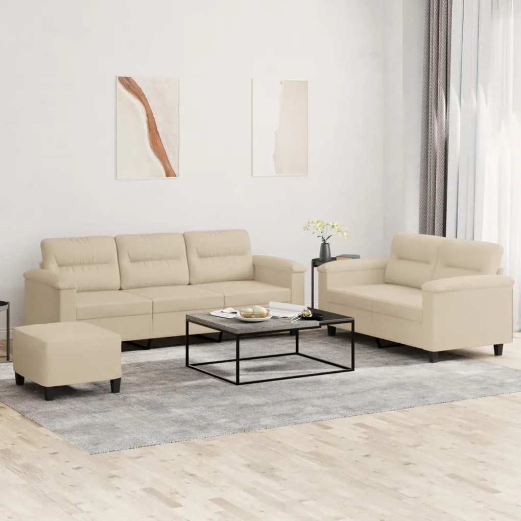 vidaXL 3 pcs conj. sofás c/ almofadões tecido de microfibra cor creme