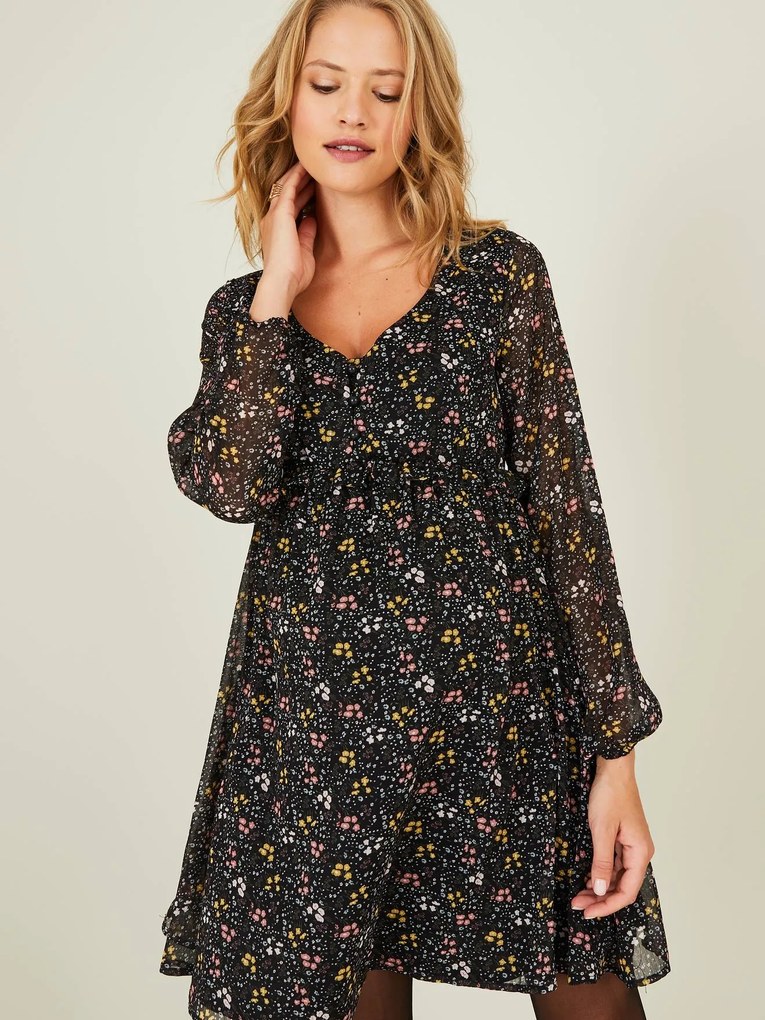 Vestido pré-mamã estampado, em crepe preto escuro estampado
