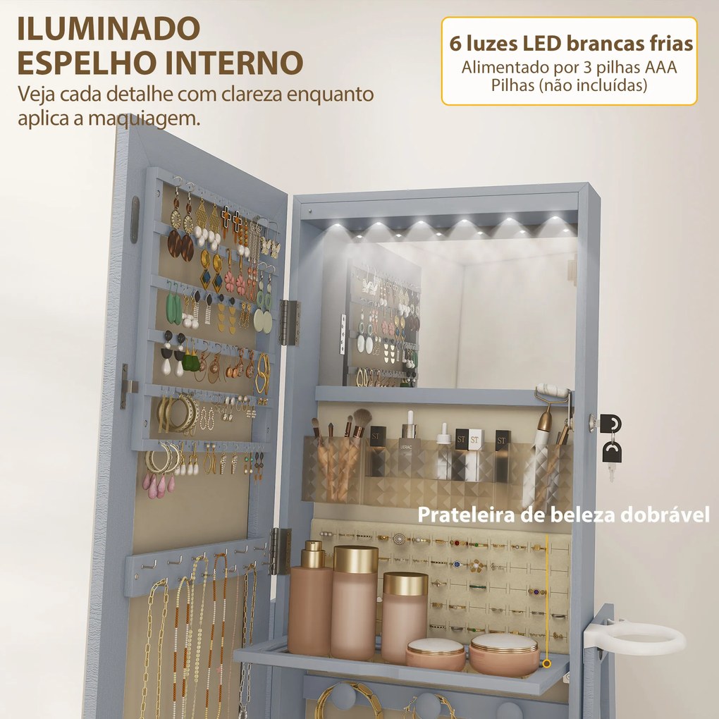 Espelho de Pé Giratório 360° com Espelho com Interior Iluminado Organizador de Jóias com Prateleiras e Gavetas 56x56x164