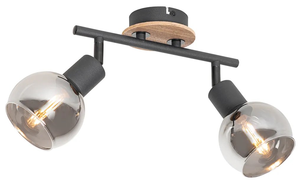 Candeeiro de teto preto com vidro fumê e madeira 2-luzes - Vidro