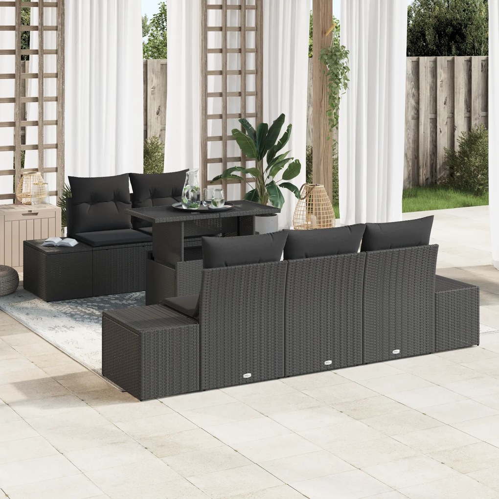 Conjunto de Sofá de Jardim com 6 Peças e Almofadas Preto em Rattan Sin