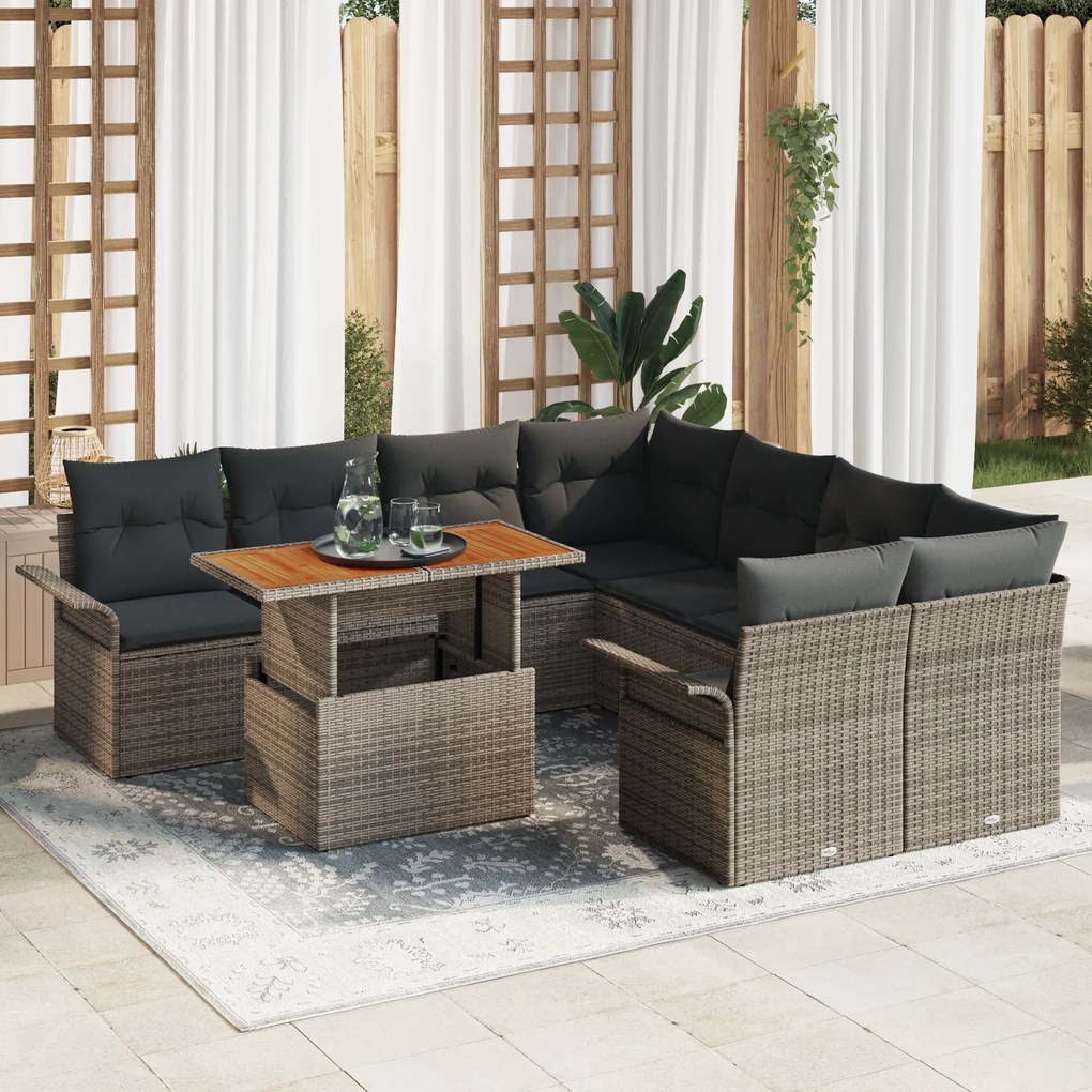 Conjunto de Sofás de Jardim de 9 Peças com Almofadas Vime Poliratã Cin