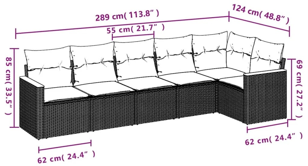 6 pcs conjunto sofás de jardim c/ almofadões vime PE preto