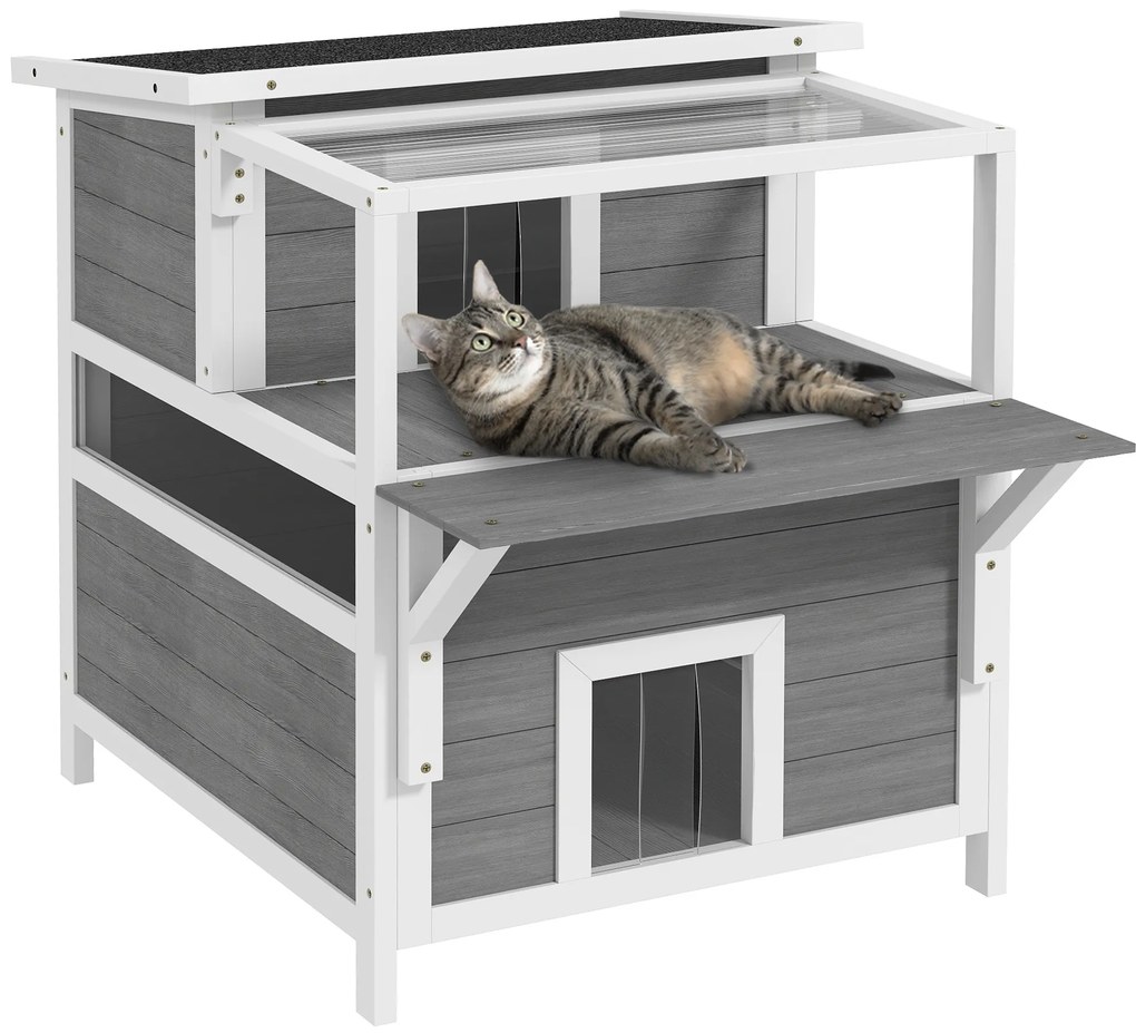Casa para Gatos de Madeira 64x87x76 cm de 2 Níveis com Teto Asfáltico Janela e Porta com Cortina 64x87x76 cm Cinza Claro