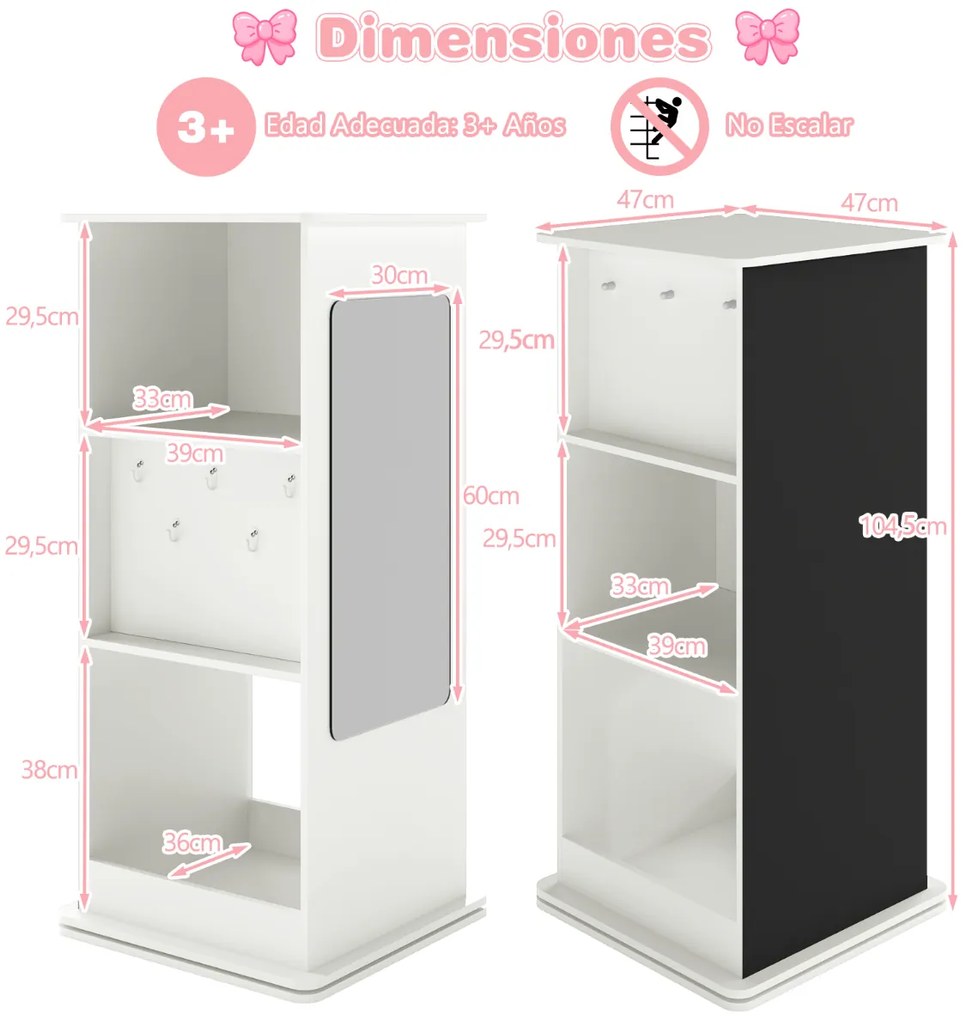 Estante giratória infantil de canto 47 x 47 x 104,5 cm com quadro negro, ganchos e compartimentos abertos Torre organizadora branca