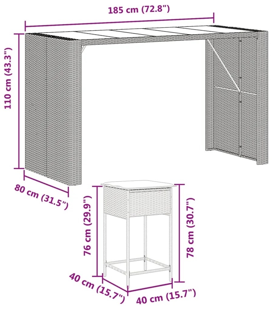 9 pcs conjunto de bar p/ jardim c/ almofadões vime PE cinzento