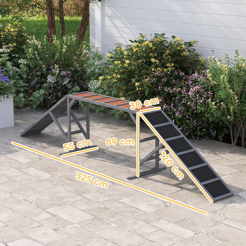 Rampa de agilidade para cães 335x55x60 cm, equipamento de agilidade para cães, barras de segurança com superfície antiderrapante cinzento