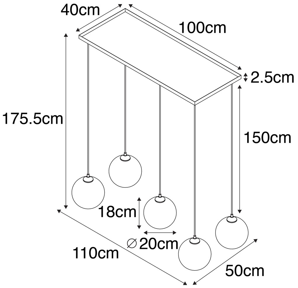 Candeeiro de suspensão Art Deco preto com vidro fumê 5-luzes - Wallace Art Deco