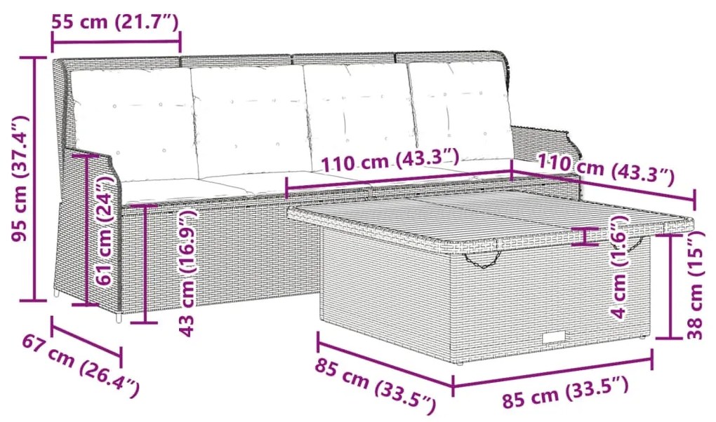 3 pcs conjunto de sofás p/ jardim com almofadões vime PE bege