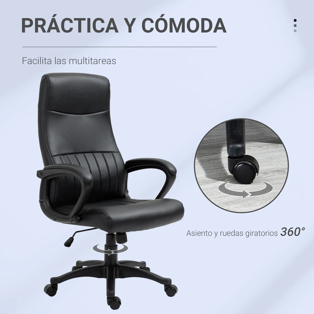 Vinsetto Cadeira de Escritório Ergonômica Cadeira de Escritório Basculante e Giratória 360° com Altura Ajustável Encosto Alto e Apoio para os Braços Pele Sintética 61,5x66x113-123cm Preto