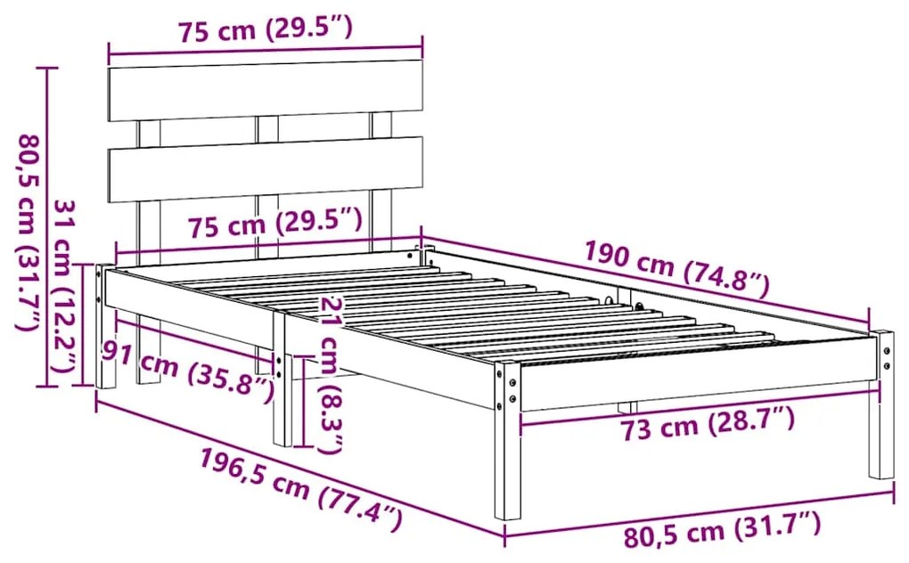 Estrado de Cama com Cabeceira Branca 75x190 cm Madeira Maciça de Pinho
