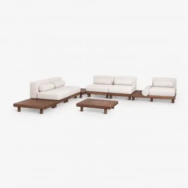 Conjunto De Jardim Com Sofá Modular De Canto De 5 Peças Com Mesa Auxiliar E 3 Mesas De Centro Em Acácia Edrien Castanho Acácia - Sklum