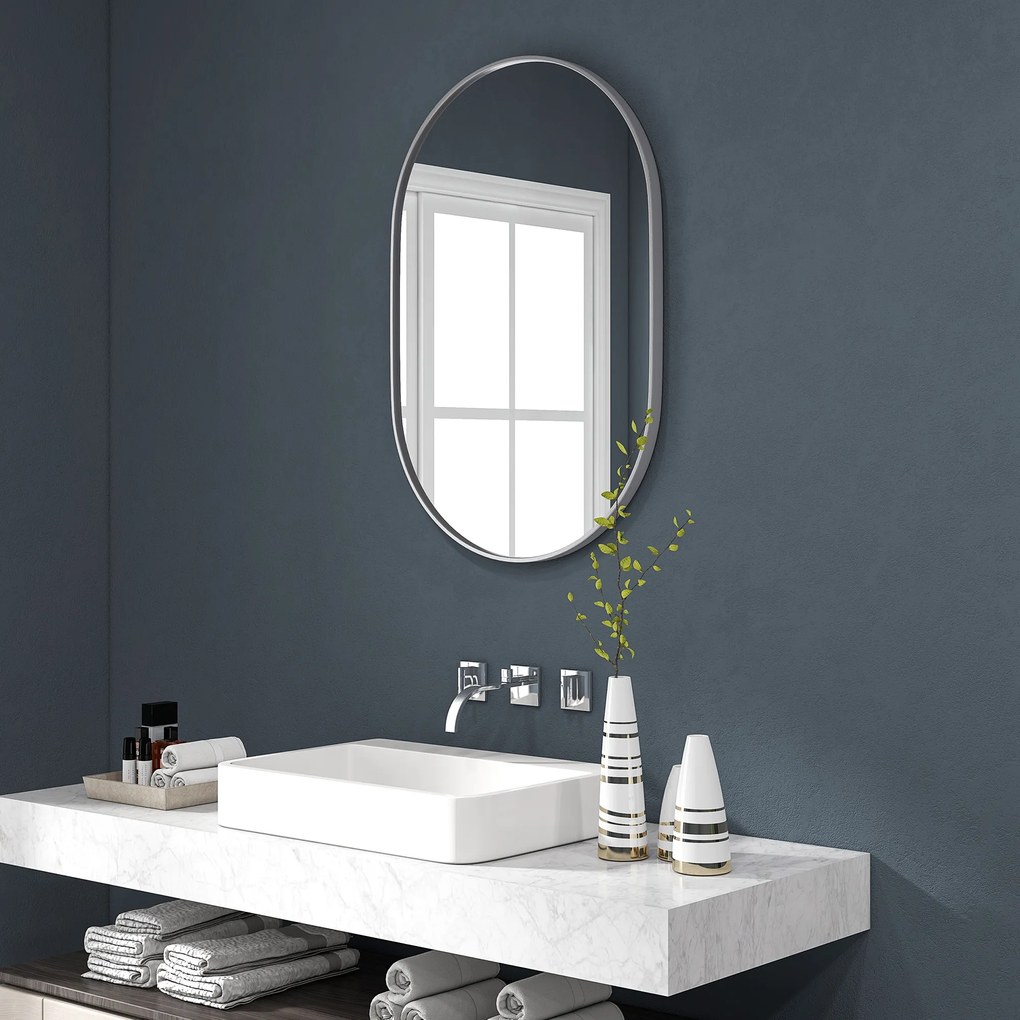Espelho Casa de Banho 60x90 cm Espelho Decorativo de Parede com Estrutura de Alumínio Horizontal ou Vertical Prata