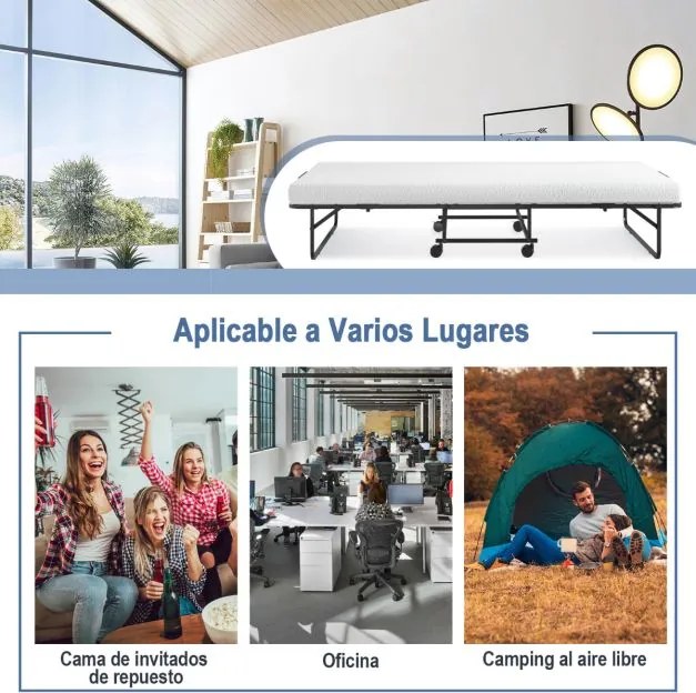 Cama dobrável com colchão de espuma viscoelástica Cama de hóspedes portátil com estrutura metálica para adultos Escritório em casa 191 x 96 x 28 cm