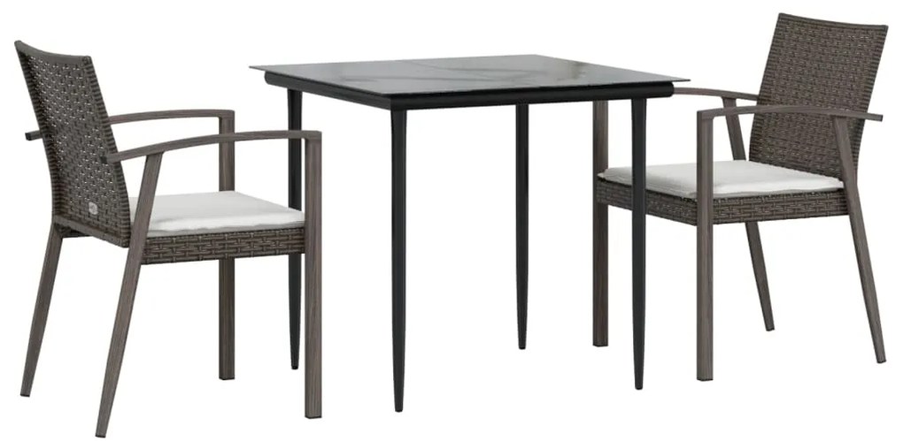 3 pcs conjunto de jantar p/ jardim c/ almofadões vime PE e aço