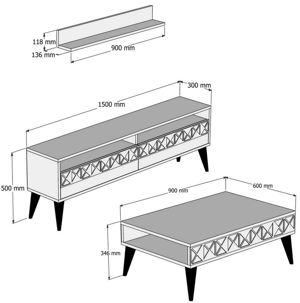Conjunto de Mobiliário de Sala de Estar Line – Carvalho – TV Stand 150