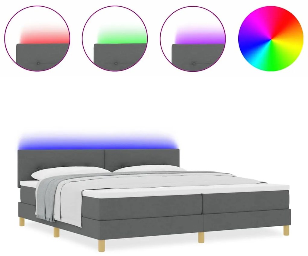 Cama Box Spring com Colchão &amp; Luz LED Cinza Escuro 200x200 cm Tecido