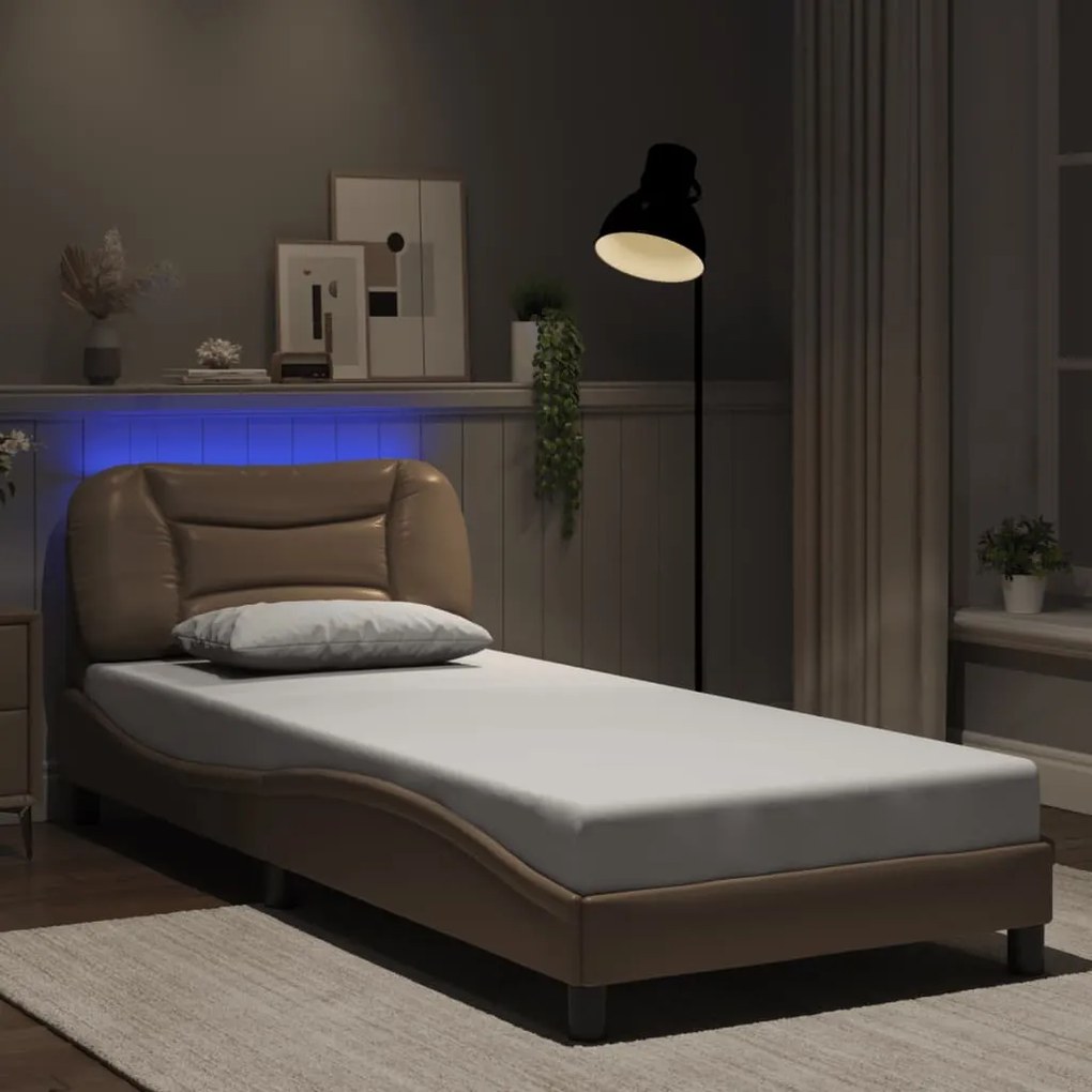 vidaXL Estrutura cama c/ luzes LED 90x190 cm couro artif. cappuccino