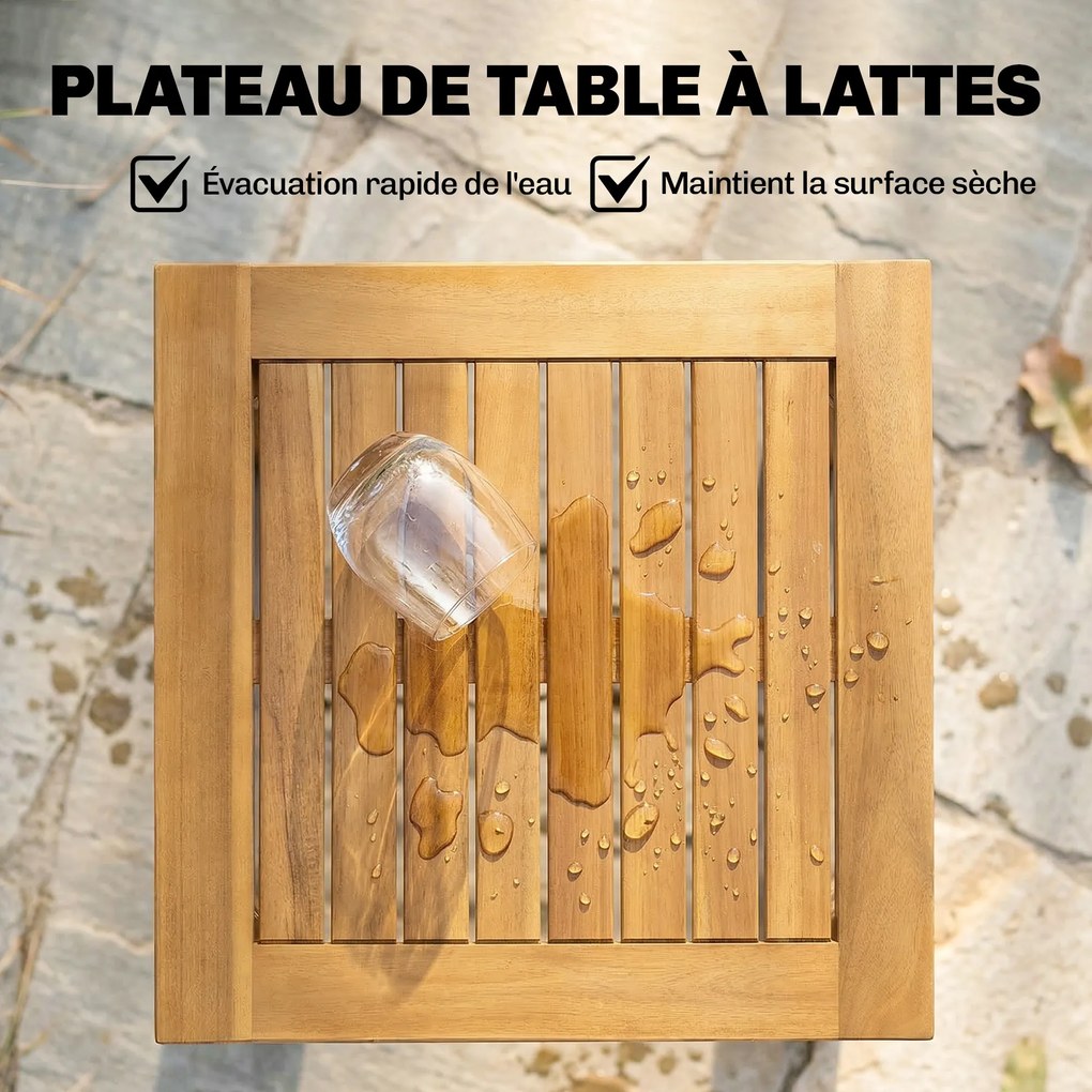 Mesa de jardim quadrada 48 x 48 x 46 cm em madeira maciça de acácia, com tampo de ripas, pés ajustáveis natural