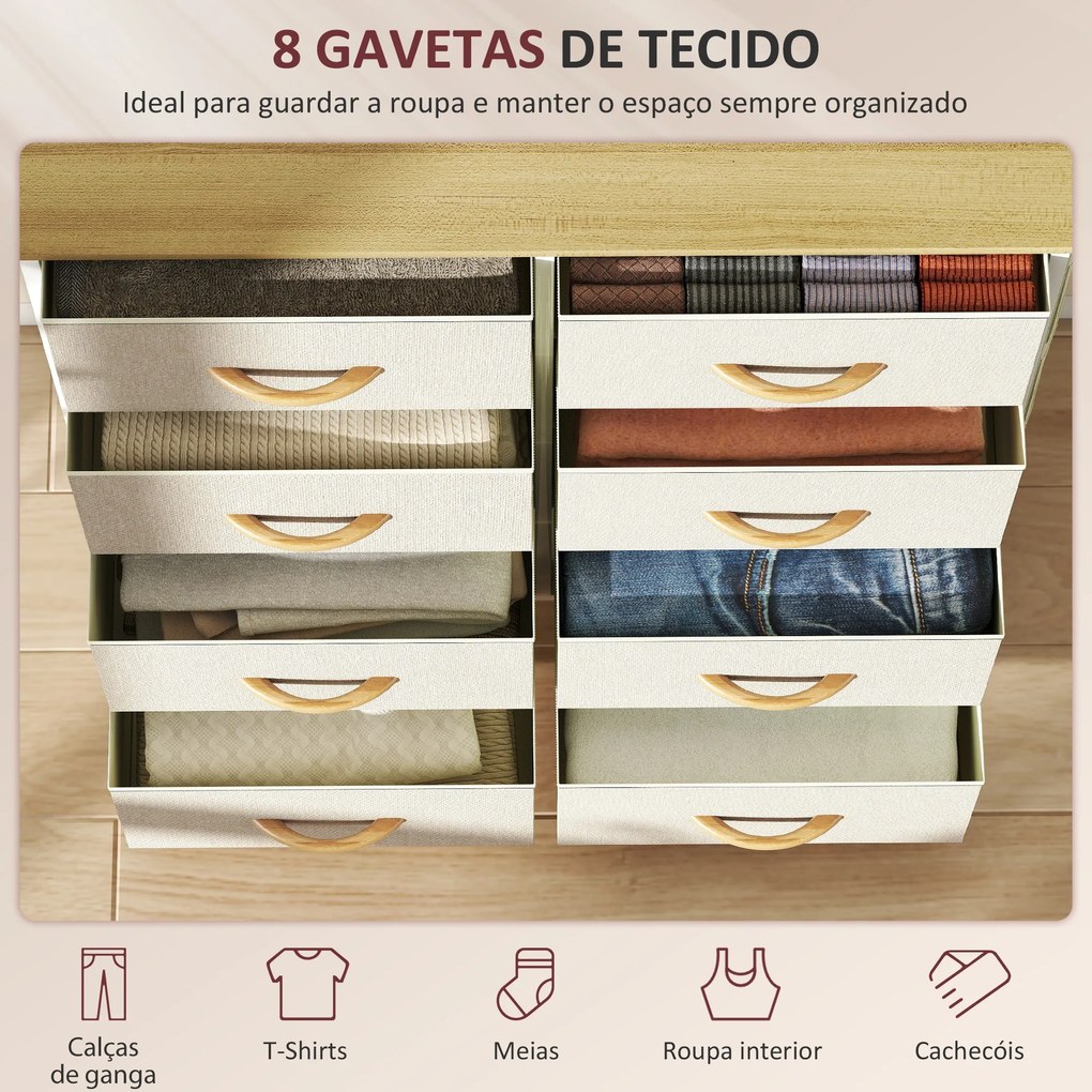 Cómoda Alta de Tecido com 8 Gavetas 4 Bolsos Laterais 2 Ganchos e Estrutura de Aço 86x30x94,5 cm Bege