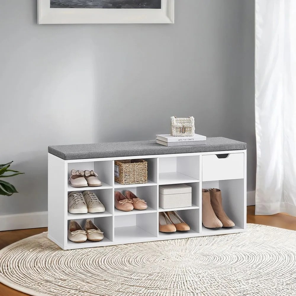 Banco para sapatos com compartimentos abertos 104 x 30 x 48 cm branco e cinzento