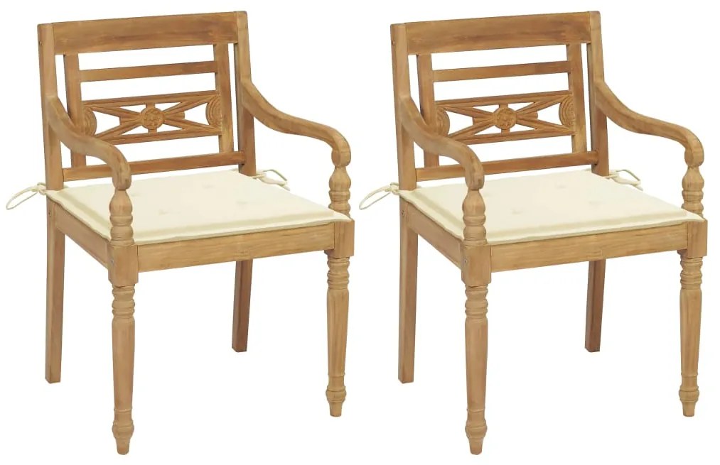vidaXL Cadeiras Batávia c/ almofadões cor creme 2 pcs teca maciça