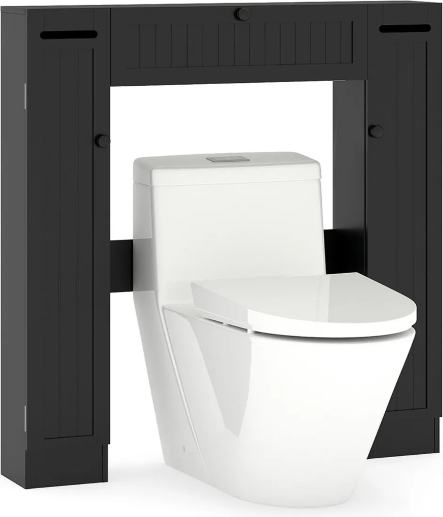 Estante sobre sanita 89 x 19,5 x 99 cm de casa de banho com prateleiras ajustáveis com suporte para papel higiênico Porta basculante Preto