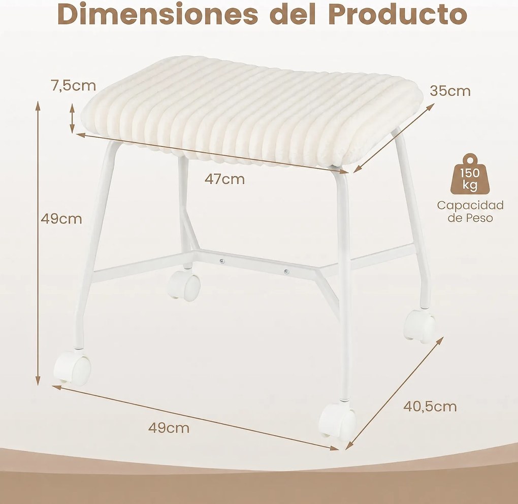Conjunto de 2 Bancos com Rodas, 49 x 40,5 x 49 cm, Assento Acolchoado, Branco