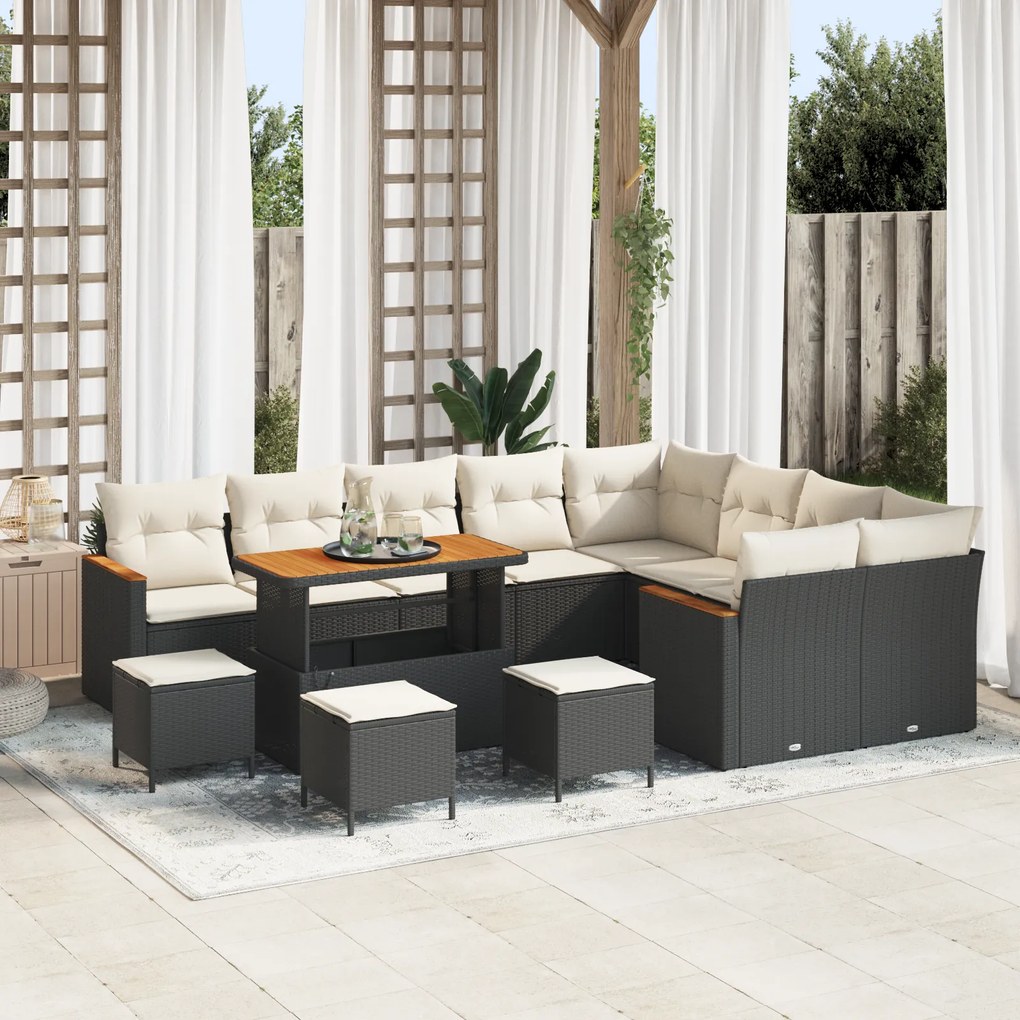 Conjunto de Sofá de Jardim de 13 Peças com Almofadas Preto Vime Acácia