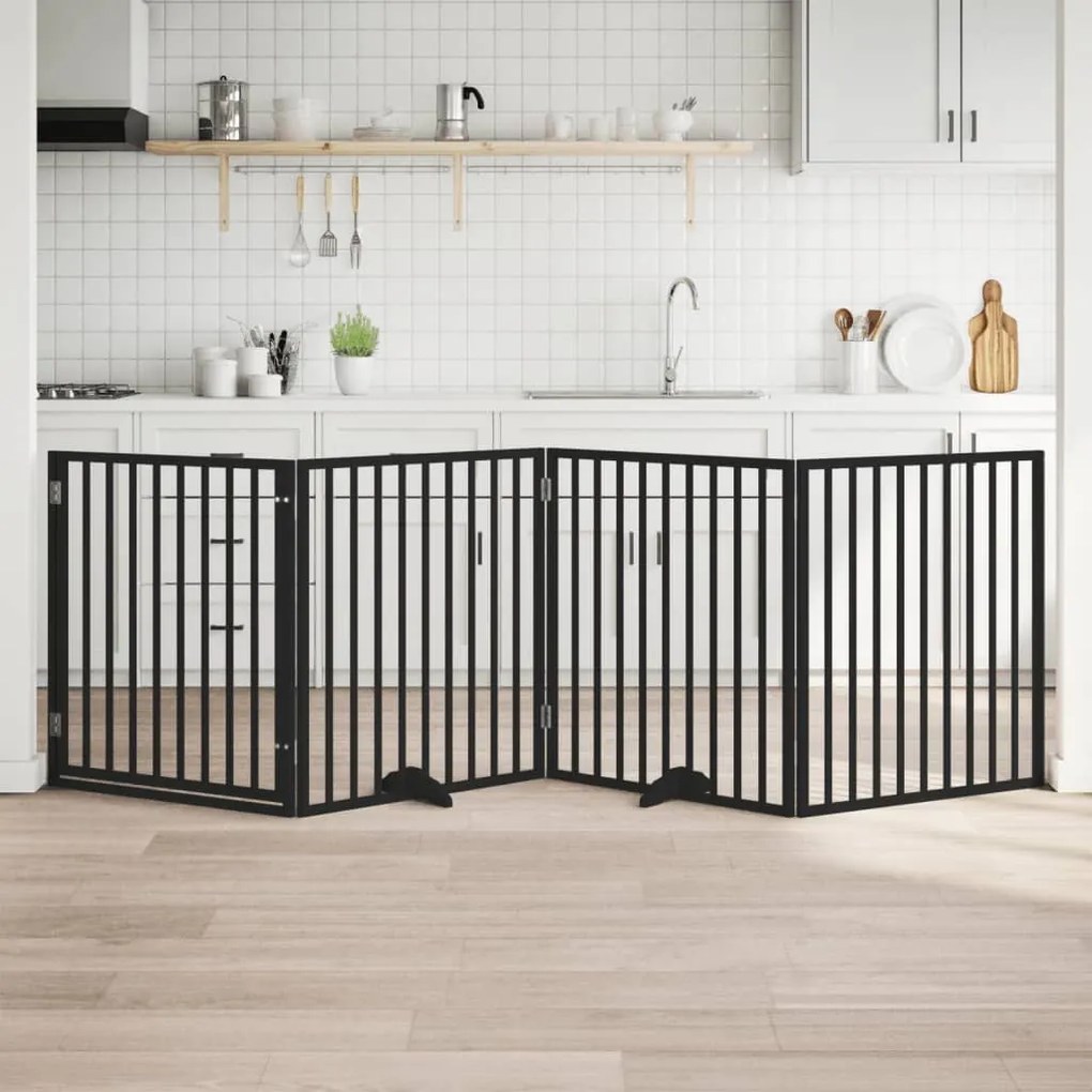 vidaXL Portão p/ cães com porta dobrável 4 painéis 320 cm álamo preto