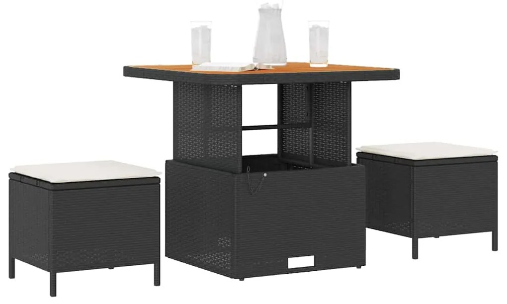 Conjunto de Jantar de Jardim com 3 Peças e Almofadas Preto em Rattan S