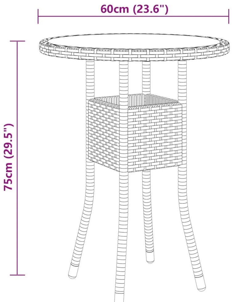 3 pcs conjunto de bistrô para jardim vime PE cinzento
