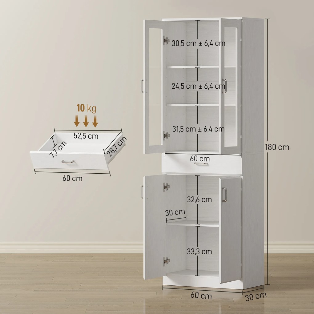 Armário de cozinha 60x35x180 cm, 4 portas, das quais 2 em vidro, gavetas, prateleiras ajustáveis, branco