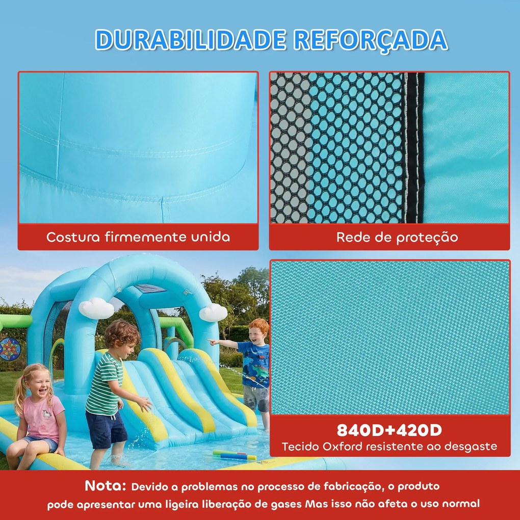 Castelo Insuflável Aquático 7 em 1 com Insuflador 450W 2 Escorregas Trampolim Piscina Cesto Coluna de Boxe 426x360x198 cm Multicor