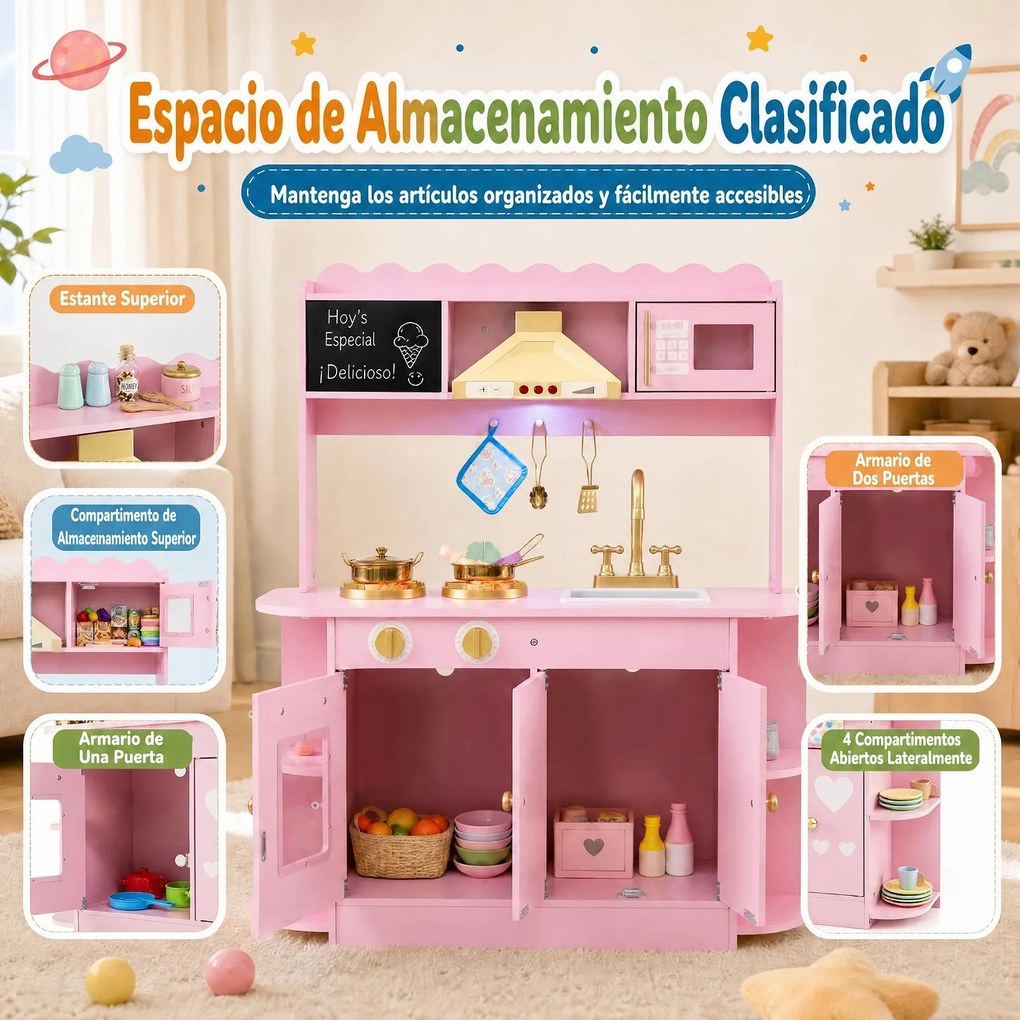 Cozinha Infantil de Brincar, 79,5 x 29,5 x 97 cm, com Exaustor e Quadro para Desenhar, Cor-de-rosa