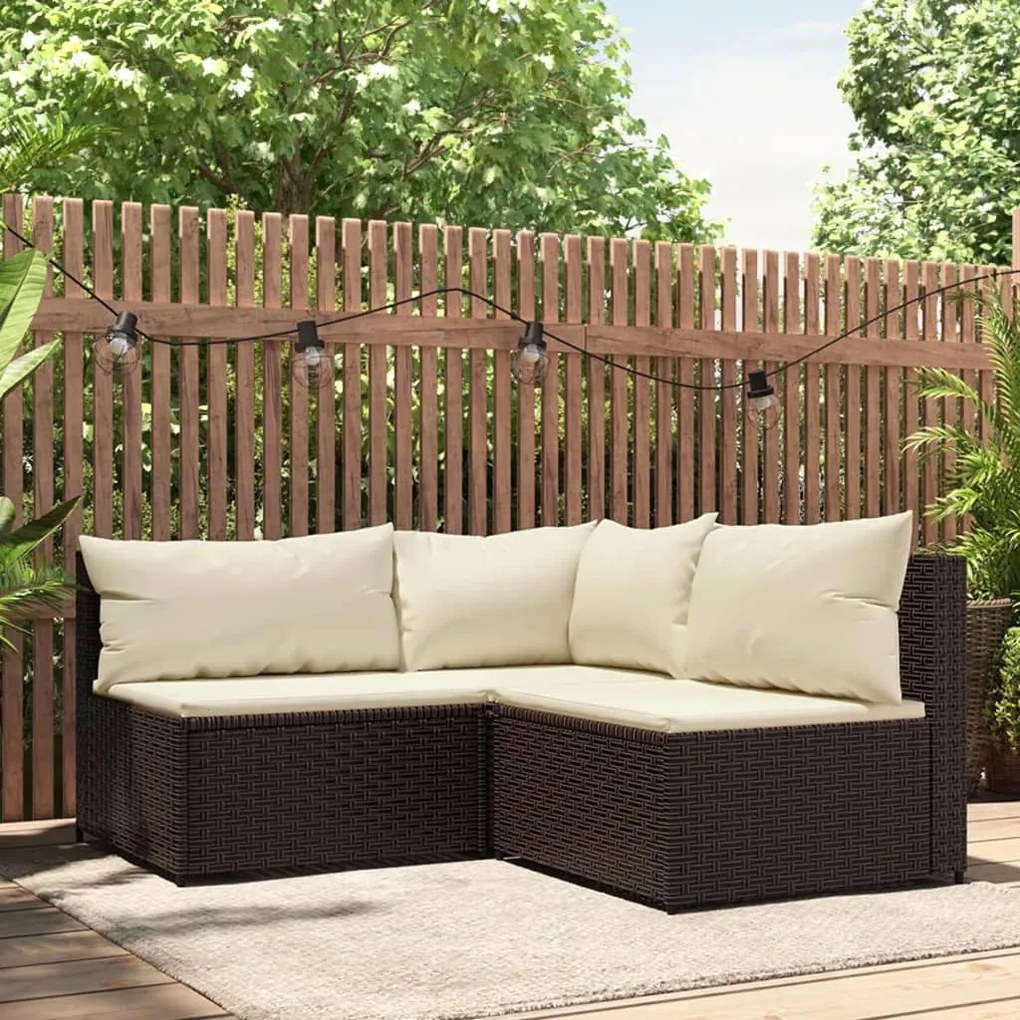 vidaXL 3 pcs conjunto lounge jardim c/ almofadões vime PE castanho