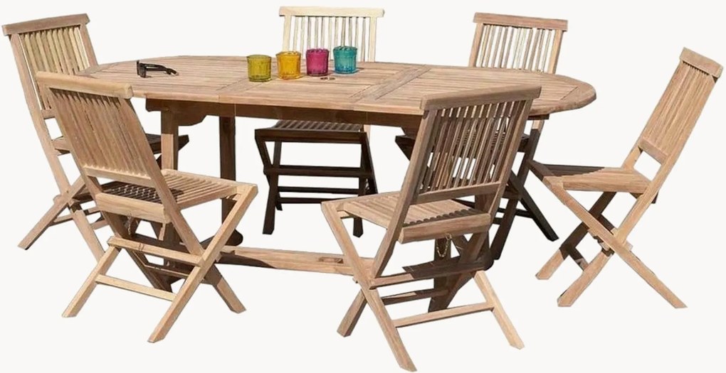 Conjunto de jantar de jardim em madeira de teca com buraco para guarda-sol Fun, conjunto de 7